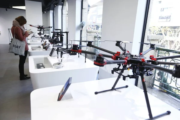 Drones Unmanned Aerial Vehicles Uavs Display Exhibition Hall Dji Dajiang — Stock Photo, Image
