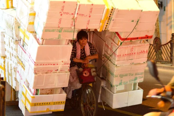 Una Mujer China Monta Triciclo Sobrecargado Plástico Espumado Una Carretera — Foto de Stock