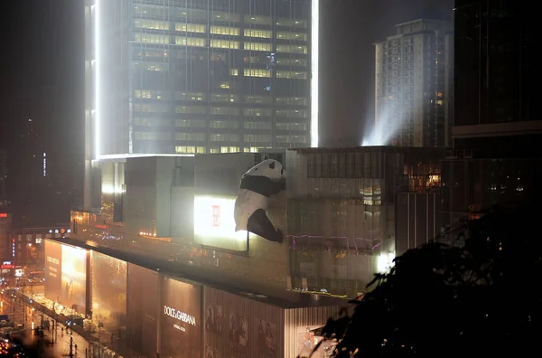 Uma Instalação Arte Forma Panda Gigante Está Sendo Instalada Fachada — Fotografia de Stock