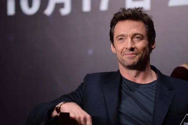 Actor Australiano Hugh Jackman Sonríe Durante Una Conferencia Prensa Para —  Fotos de Stock