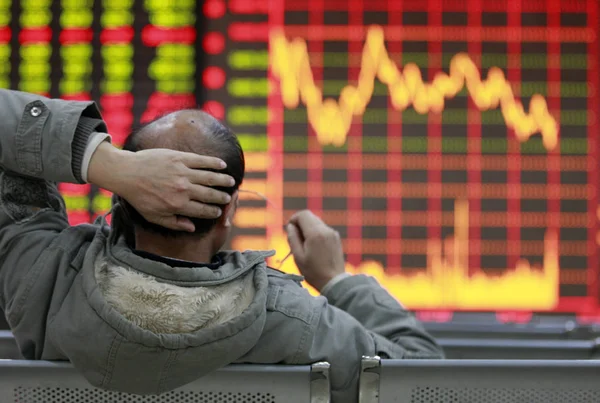 Chinese Investor Looks Stock Index Prices Shares Red Price Rising — Stock Photo, Image