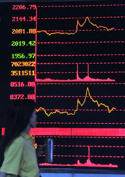 Čínský Investor Dívá Burzovní Indexy Které Rozostřovali Klesly Akciovém Domě — Stock fotografie