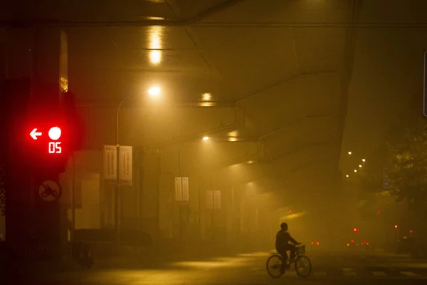 Ciclista Monta Una Carretera Con Mucho Smog Shanghái China Diciembre —  Fotos de Stock