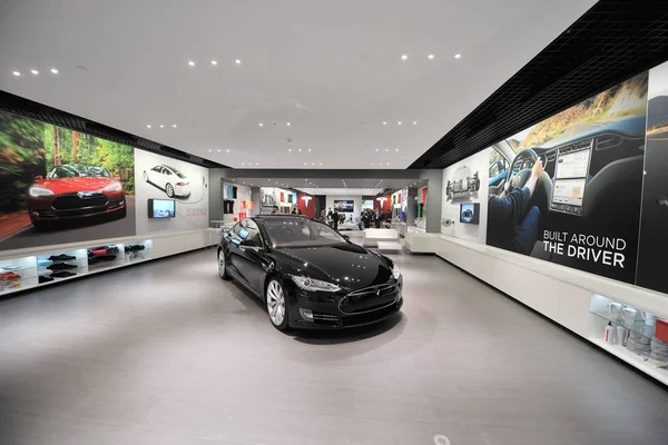 Een Zwarte Model Elektrische Auto Wordt Weergegeven Tesla Store Peking — Stockfoto