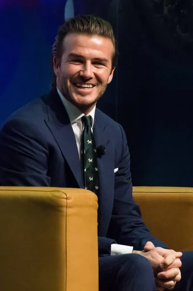 Futebolista Inglês David Beckham Sorri Durante Uma Coletiva Imprensa Venetian — Fotografia de Stock