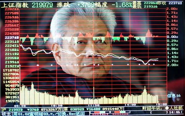 Tym Obraz Multi Ekspozycji Chiński Inwestor Patrzy Shanghai Composite Index — Zdjęcie stockowe