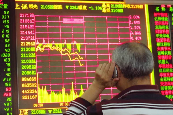 Investor Cina Menggunakan Ponselnya Saat Melihat Indeks Saham Dan Harga — Stok Foto