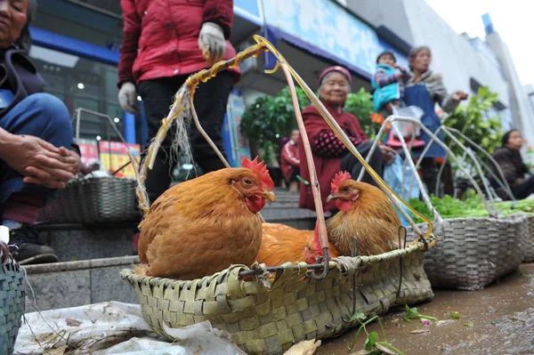 Chinese Vendor Sells Chickens Market Linan East Chinas Zhejiang Province — Stock Photo, Image
