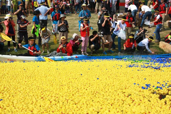 2013年10月20日 中国南部広東省深セン市の深セン中央公園で行われたチャリティーイベントで 地元住民がフティアン川に沿って漂流するゴムアヒルを見て写真を撮る — ストック写真