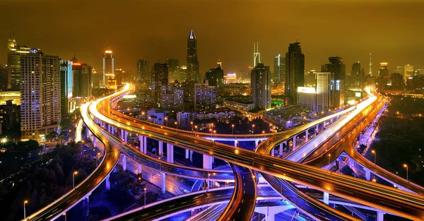 Night View Overhead Highways Illuminated Led Lights Shanghai China February — Stock Photo, Image
