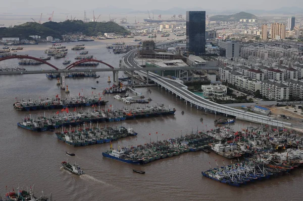 Barcos Pesqueros Atracados Puerto Zhoushan Antes Del Ataque Del Tifón — Foto de Stock
