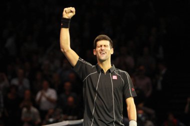 Novak Djokovic of Serbia celebrates after defeating Rafael Nadal of Spain during their mens singles final match of 2013 ATP World Tour Finals in London, UK, 11 November 2013 clipart