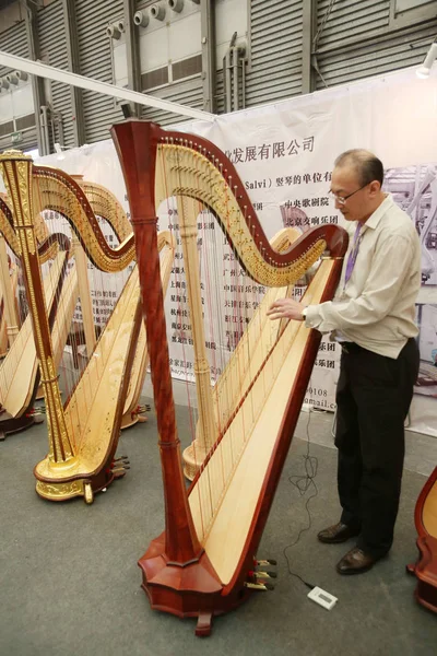 2013年10月11日 上海で開催された中国 国際楽器博覧会2013でサルヴィのハープをテストする男性 — ストック写真