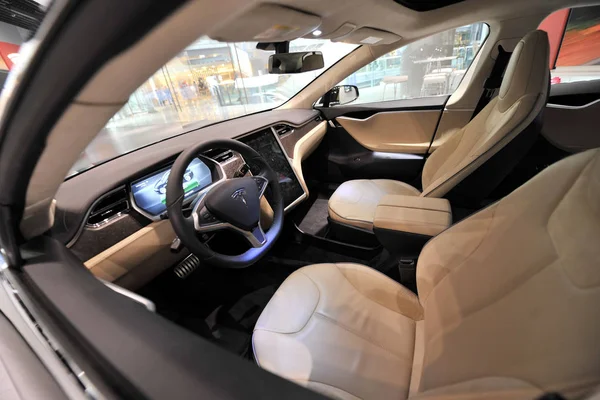 Vista Interior Coche Eléctrico Modelo Exhibición Tienda Tesla Beijing China — Foto de Stock