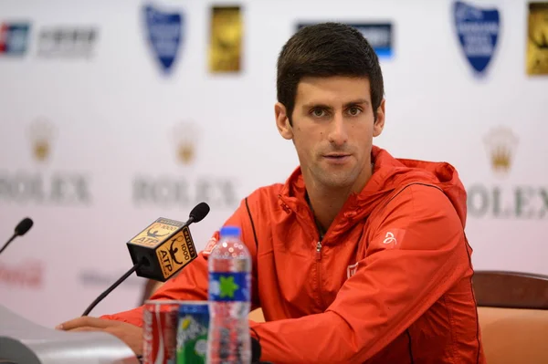 Tenista Serbio Novak Djokovic Habla Durante Una Conferencia Prensa Para — Foto de Stock