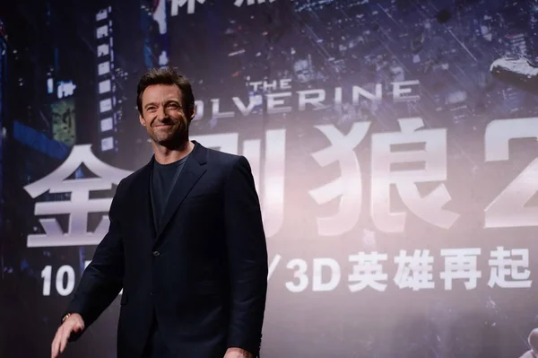 Australischer Schauspieler Hugh Jackman Lächelt Während Einer Pressekonferenz Seinem Neuen — Stockfoto