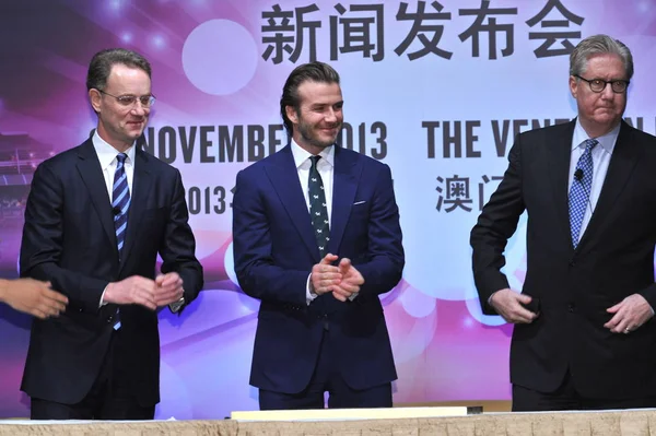 Engelsk Fotboll Stjärniga David Beckham Center Leenden Presskonferens Venetian Macao — Stockfoto