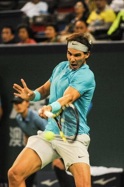 Rafael Nadal Spanyol Visszatér Egy Lövés Stanislas Wawrinka Svájc Során — Stock Fotó