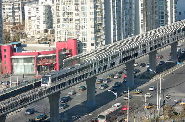 Metro Train Runs Elevated Track Beijing China January 2009 — Stock Photo, Image