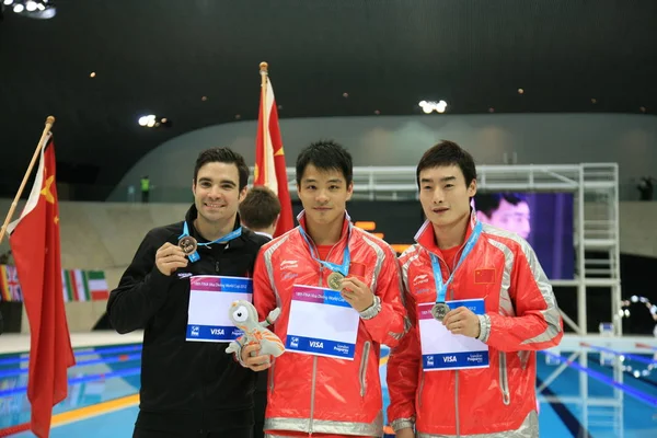 Guldmedaljevinder Chong China Sølvmedaljevinder Kai Qin China Bronzemedaljevinder Alexandre Despatie - Stock-foto