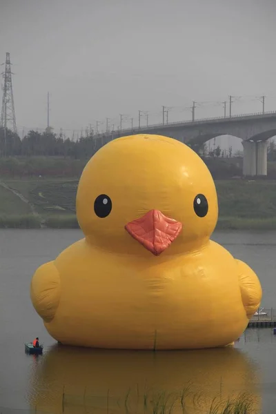 Toeschouwers Verzamelen Kijken Naar Giant Yellow Duck Ontworpen Door Nederlandse — Stockfoto