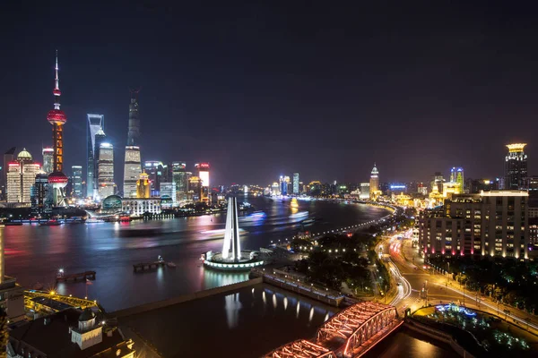 Night View Waibaidu Bridge Front Suzhou Creek Bund Puxi Huangpu — Stock Photo, Image