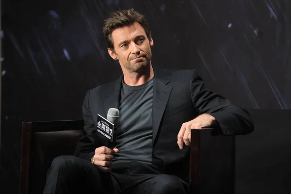 Attore Australiano Hugh Jackman Ascolta Durante Una Conferenza Stampa Suo — Foto Stock