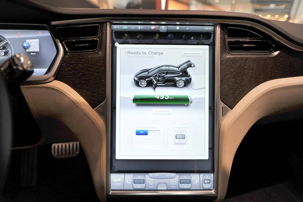 Widok Wnętrza Modelu Samochód Elektryczny Wyświetlaczu Sklepie Tesla Pekinie Chiny — Zdjęcie stockowe