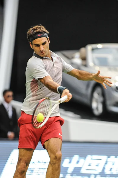 Schweiz Roger Federer Returnerar Ett Skott Match Mot Frankrike Gael — Stockfoto