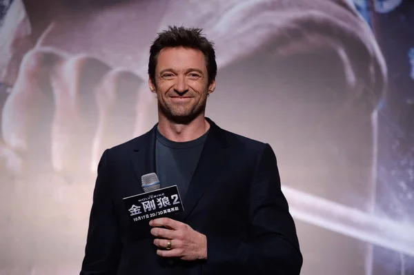 Actor Australiano Hugh Jackman Sonríe Durante Una Conferencia Prensa Para — Foto de Stock