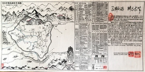 中国のアマチュア地図作家ユ ニアンチュンが失われた町を地図化するために参考資料として使用した四川町のスケッチマップは 杭州市 東中国浙江省 5ノベルベの彼の家で描かれています — ストック写真