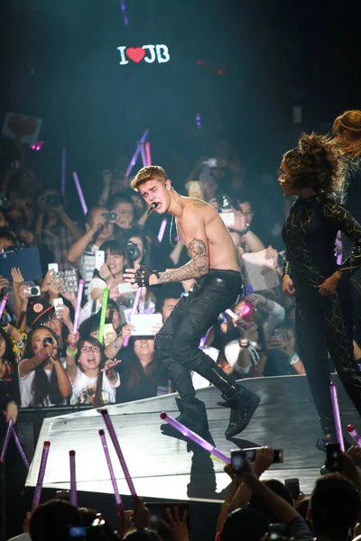 Canadese Pop Zanger Justin Bieber Presteert Tijdens Een Concert Van — Stockfoto