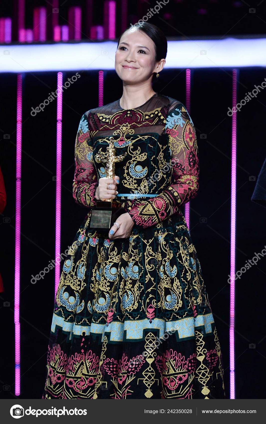Chinese Actress Zhang Ziyi Smiles She Poses Her Trophy Best Stock