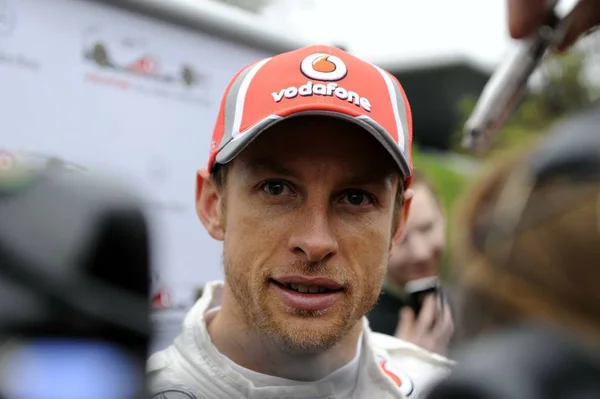 Pilota Britannico Jenson Button Del Team Mclaren Parla Durante Una — Foto Stock