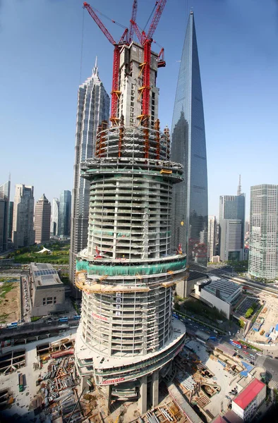 Shanghai Tower Construction Next Shanghai World Financial Center Right Jinmao — Stock Photo, Image