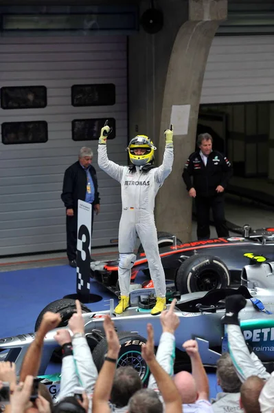 Piloto Alemão Nico Rosberg Equipe Mercedes Comemora Depois Ganhar Grande — Fotografia de Stock