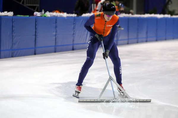 Membre Équipe Néerlandaise Patinage Vitesse Sur Courte Piste Lors Une — Photo