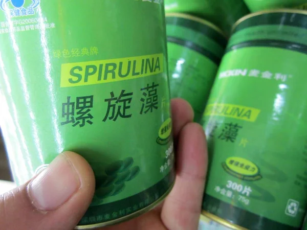 Vista Los Productos Spirulina Una Farmacia Nantong Provincia Chinas Jiangsu — Foto de Stock