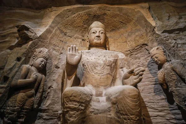 Tisk Plné Velikosti Repliky Buddhistické Sochy Yungang Grottoes Jsou Vidění — Stock fotografie