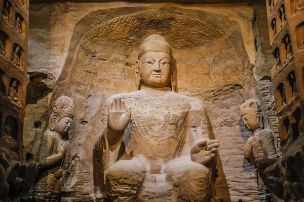 Tisk Plné Velikosti Repliky Buddhistické Sochy Yungang Grottoes Jsou Vidění — Stock fotografie