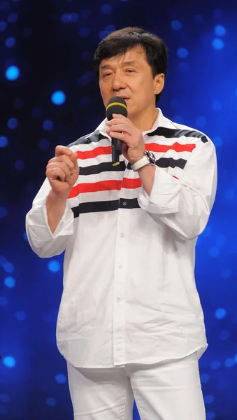 Hongkongské Kungfu Superstar Jackie Chan Mluví Během Obřadu Celosvětový Debut — Stock fotografie