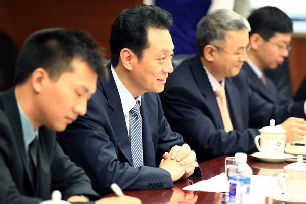 Wang Chao Segunda Esquerda Vice Ministro Comércio China Ouve Durante — Fotografia de Stock