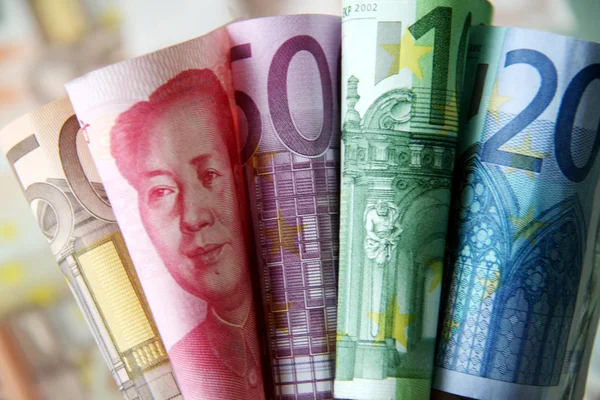 Veduta Delle Banconote Rmb Renminbi Yuan Euro Nella Contea Haian — Foto Stock