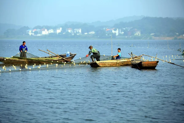 File Pêcheurs Chinois Répartis Filets Pêche Dans Lac Poyang Dans — Photo