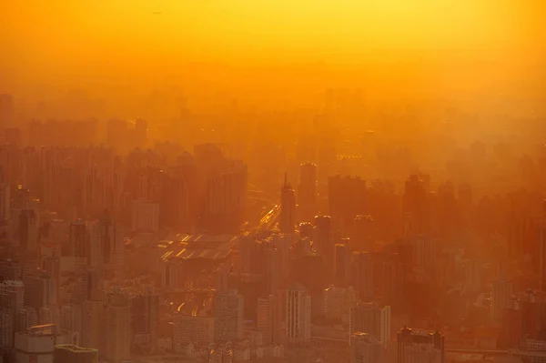 Picture Taken Shanghai World Financial Center Shows Skyline Sunset Puxi — Stock Photo, Image