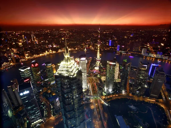 Foto Tomada Del Centro Financiero Mundial Shanghai Muestra Horizonte Noche —  Fotos de Stock