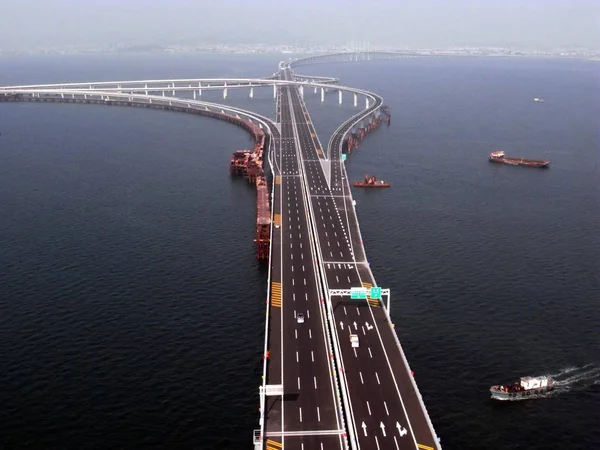 Vista Aérea Del Puente Bahía Jiaozhou Puente Marítimo Más Largo —  Fotos de Stock