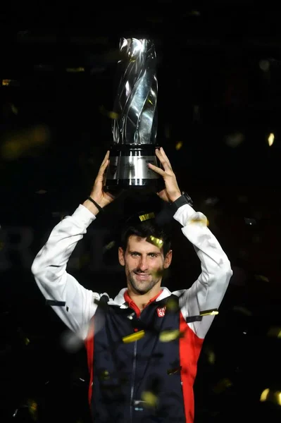 Novak Djokovic Serbia Holds His Champion Trophy Award Ceremony Defeating — Stock Photo, Image