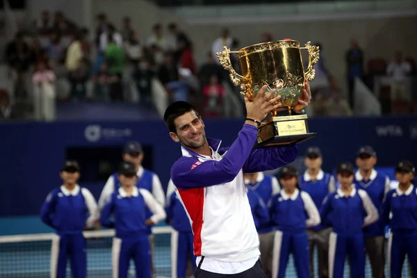 Novak Djokovic Serbia Holds His Champion Trophy Award Ceremony Defeating — Stock Photo, Image