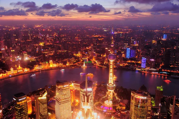 Foto Tomada Del Centro Financiero Mundial Shanghái Muestra Horizonte Noche —  Fotos de Stock